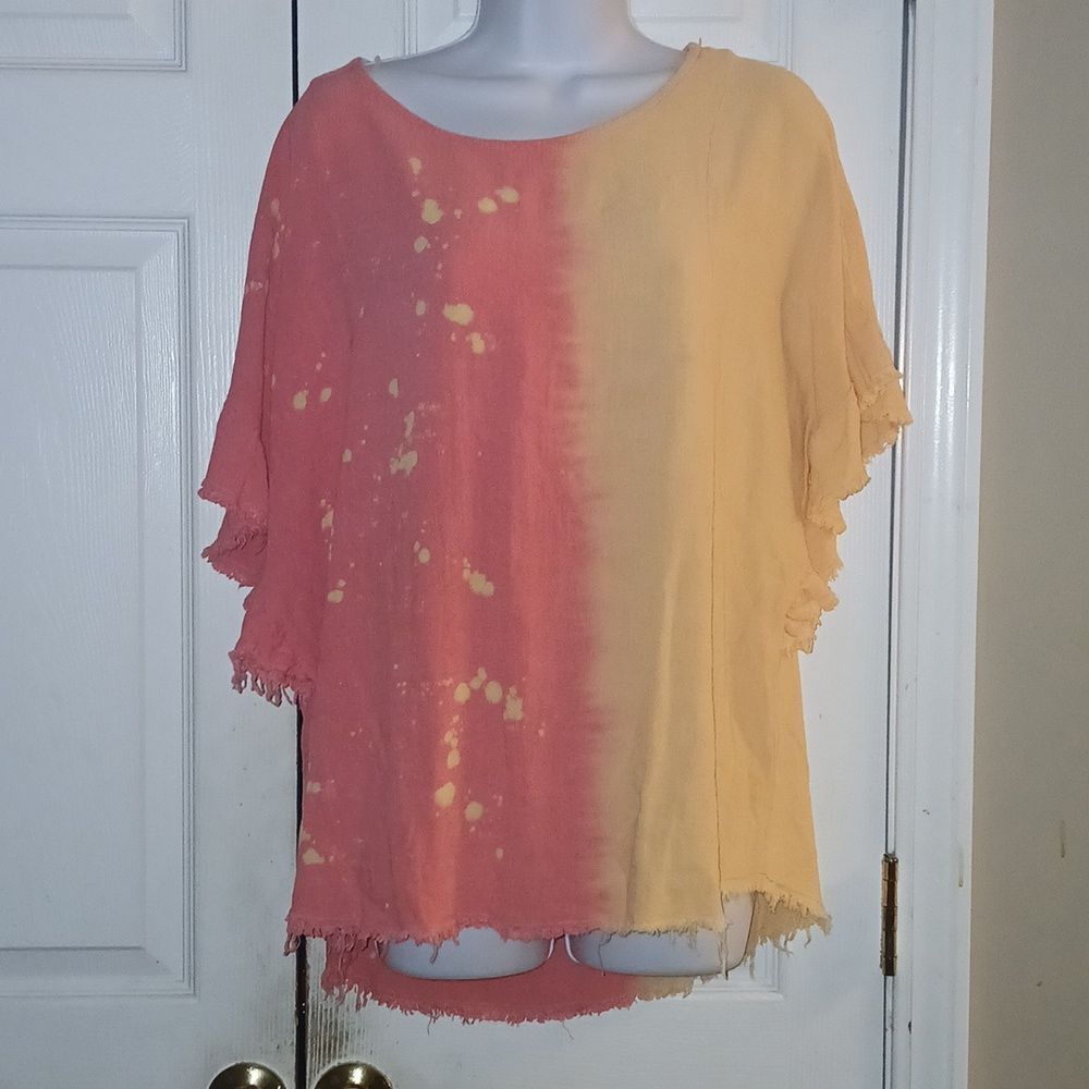 Umgee oversized tie dye rough edge hem and sleeves linen blend blouse  Sz S NWOT